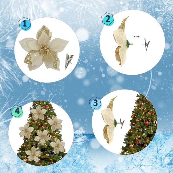 12 PCS Poinsettia Flower Artificial Poinsettia Christmas Decoration 5.9'' Gold Glitter Poinsettias Christmas Ornaments Xmas Tree Flower Decor with Clips DIY Xmas Wreath Holiday Home Party 4