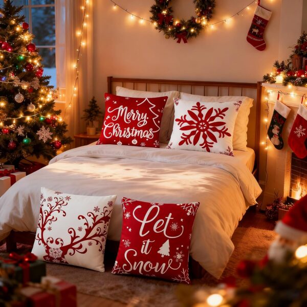4Pcs Outdoor Christmas Pillows, Red Christmas Throw Pillows, Snowflakes Merry Christmas Let it Snow Deer Christmas Pillow Cases Holiday Pillow Covers 18x18 for Winter Home Decorations 4