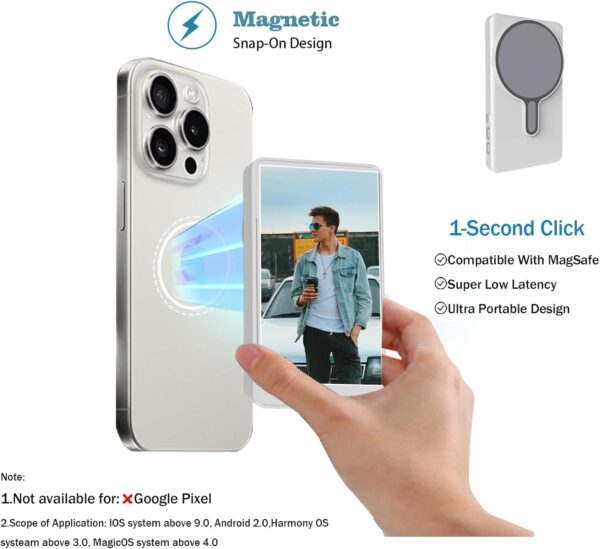 Phone Vlog Selfie Monitor Screen, Magnetic Vlog Selfie Monitor Screen with Remote Control, Wireless Back Camera Monitor for Vlog Live Stream TikTok YouTube, Compatible with iPhone & Android (White) 4