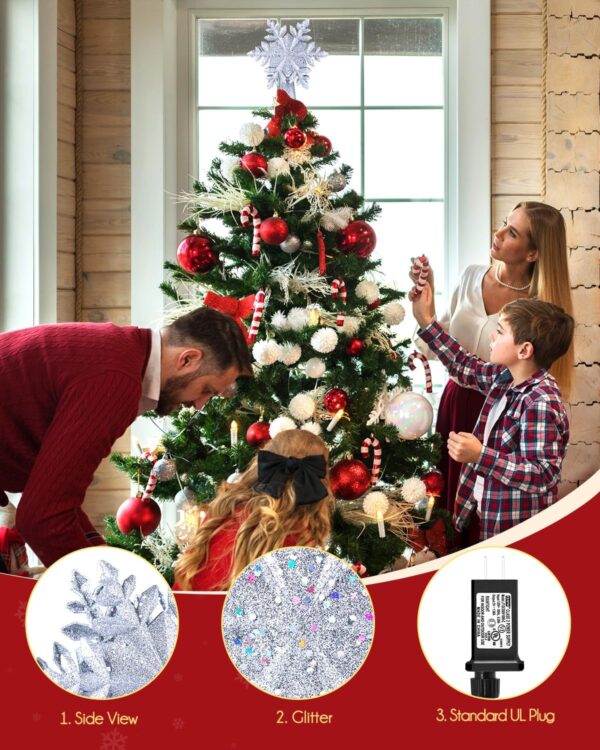 Christmas Tree Topper Lighted with Built-in Led Rotating Snowflake Projector Lights, 9.6” Hollowed Tree Topper with Silver Spangles Plug In for Indoor Home Xmas New Year Party Holiday Night Tree Decor 4