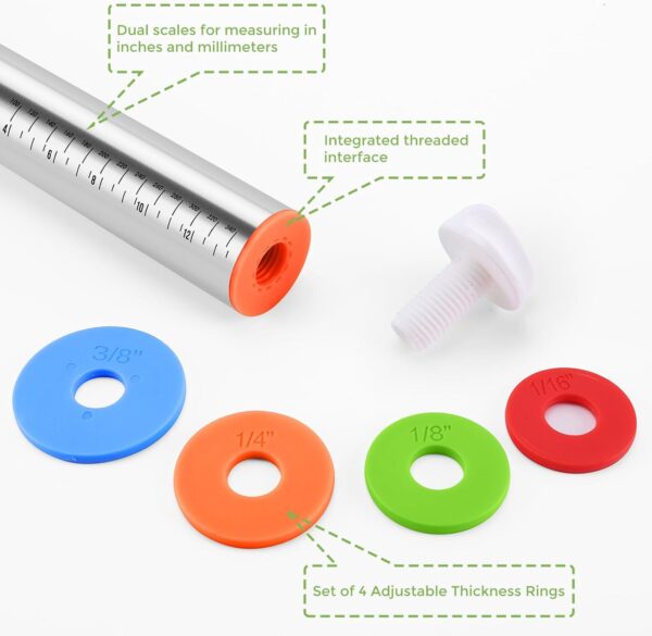 Rolling Pin with Adjustable Thickness Rings and Silicone Baking Pastry Mat Set for Baking,Stainless Steel Dough Roller,Baking Supplies for Cookie Fondant Pizza Cake Pasta 4