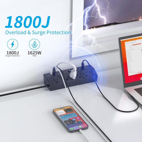 Desk Clamp Power Strip with 40W Fast Charging Station, JXGUCAT Removable Flat Plug Desk Mount Power Strip Surge Protector, 10FT Extension Cord with 2 USB-C Ports 6 Outlets, Fits 1.8" Tabletop Edge 4