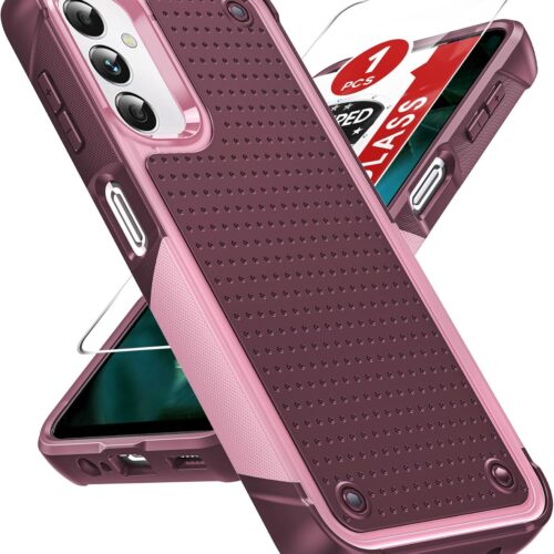 Samsung Galaxy A14-5G Phone Case: Samsung A14 5G Case with Glass Screen Protector, Dual Layer Heavy Duty Shockproof Cell Case Cover Funfa para Android Mobile A 14 5G Telephone, Red Pink