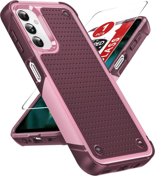 Samsung Galaxy A14-5G Phone Case: Samsung A14 5G Case with Glass Screen Protector, Dual Layer Heavy Duty Shockproof Cell Case Cover Funfa para Android Mobile A 14 5G Telephone, Red Pink 1
