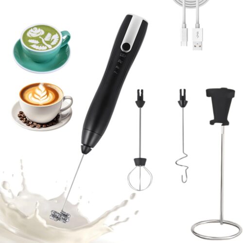 Rechargeable Milk Frother Handheld,Kitchen Essentials Hand Mixer with 3 Stainless Whisks Heads,Electric Whisk Frother for Latte, Cappuccino,Matcha, Egg, Milk Powder,with Stand (black)