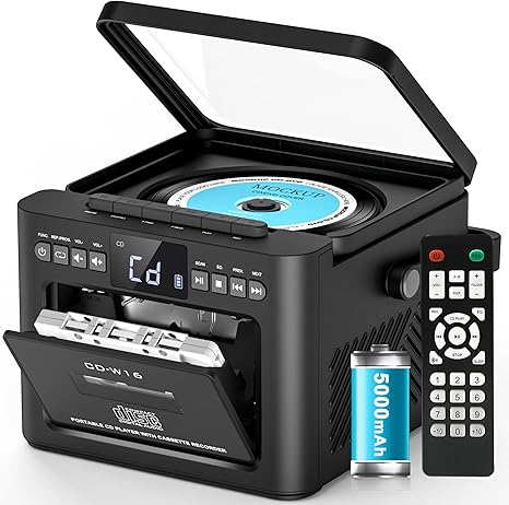 Boombox CD and Cassette Player Combo, 5000mAh Rechargable CD Player Boombox with Bluetooth Receive/Transmit/FM Radio/USB/TF/AUX/Remote Control, Boom Box Cassette Player for Home Outdoor