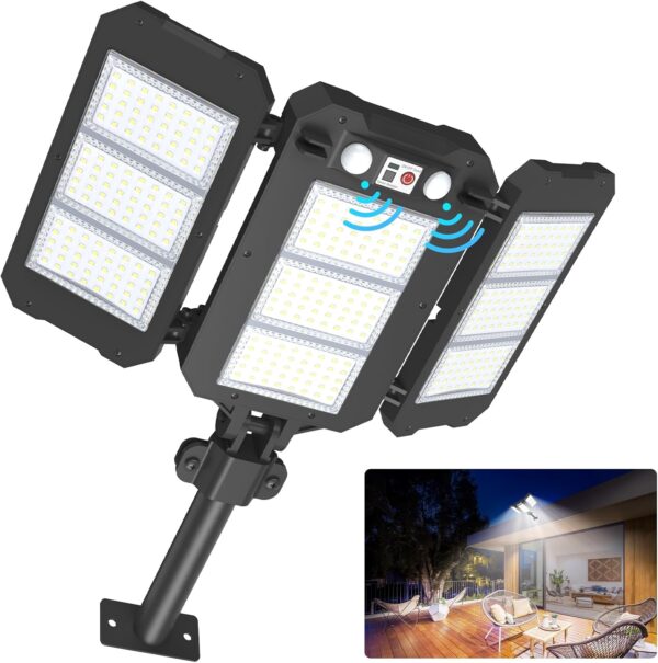 Solar Flood Lights Outdoor, 7000 LM Super Bright Aluminum Arm Solar Lights, 3 Heads Dusk to Dawn LED Dual Motion Sensor Lights, IP65 Waterproof Security Light with 3 Modes for Yard Street Barn 1