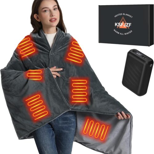 Battery Heated Blanket with 20000mAh Power Bank, Fast Heating Electric Throw Blanket, 59" x 35.5"Cordless Heated Blanket for Outdoor Camping Travel, 3 Heat Settings, Gift for Women Men