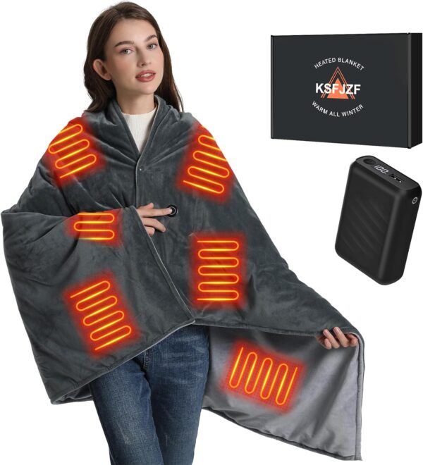 Battery Heated Blanket with 20000mAh Power Bank, Fast Heating Electric Throw Blanket, 59" x 35.5"Cordless Heated Blanket for Outdoor Camping Travel, 3 Heat Settings, Gift for Women Men 1