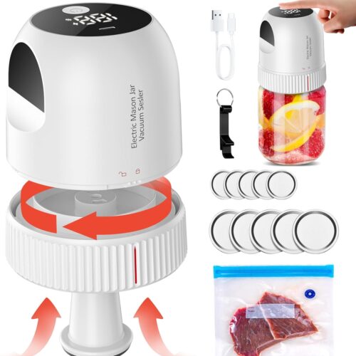 Electric Mason Jar Vacuum Sealer Kit - 3 in 1 Automatic Vacuum Sealer for Wide & Regular Mouth Mason Jars Vacuum Bags, Rechargeable Portable Vacuum Sealer for Jars for Food Storage