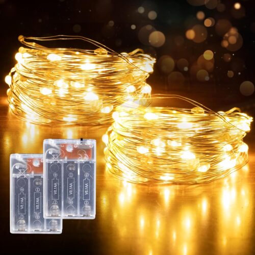 Fairy Lights Battery Operated String Lights 16.4ft 50LED Flashing and Constant Light Waterproof Silver Wire for Christmas DIY Party Wedding Decoration (Warm White, 2 Pack)
