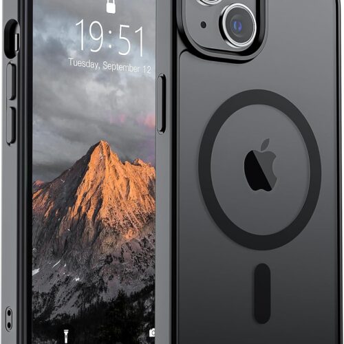 Magnetic for iPhone 14 Case & iPhone 13 Case (Compatible with MagSafe)(Military Grade Drop Protection) Translucent Matte Shockproof Phone Cover,Black