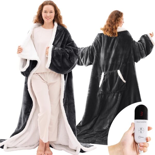 JOLLYVOGUE Wearable Heated Blanket - Heating Electric Blanket with Sleeves & Foot Pocket, Heated Throw for Adult, Birthday Gifts with 7 Heat Settings & fixed 4h Auto Shut-off (50*70 Inch, Dark Grey) 1