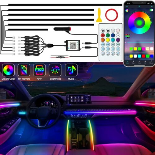 Interior Car LED Strip Lights, Acrylic LED Lights for Car with Dynamic Dreamcolor Chasing, Ambient Lighting Kits Music Sync Wireless APP and RF Remote Control (6 in 1)