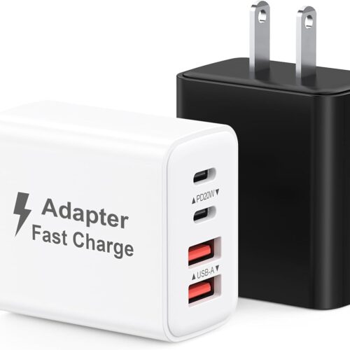 USB C Charger Block 40W, 2Pack 4-Port Type C Fast Charging Blocks, PD USB C Wall Plug + QC USB A Charger Cube Multiport Brick Compatible with iPhone 16 15 14 13 12 11 Pro Max XS, Samsung (Black+White)