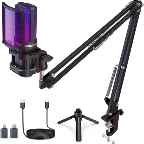 Gaming USB Microphone,Noise Cancellation Condenser mic,RGB Microphone with Mute,Gain,Monitoring,Boom Arm,Pop Filter for Phone,PC,Computer,PS4,PS5,Mac,Streaming,Podcast,Twitch,YouTube,Discord