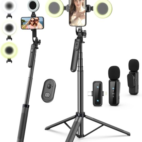 Vlogging Kit for iPhone/Android, 71" Selfie Stick Tripod for iPhone with Fill Light, Wireless Microphone & Remote, 360° Rotation Phone Tripod for TikTok/YouTube Content Creator Essentials Starter Kit‌