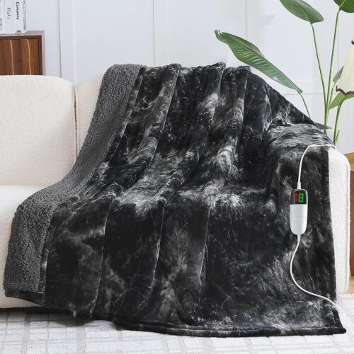 Heated Electric Blanket Throw, Faux Fur Sherpa Heating Blanket for Sofa Bed, Warm Winter Gifts for Women/Men, Heater Lap Blankets 5-Position Timer &10 Heating Levels 50''*60" Black