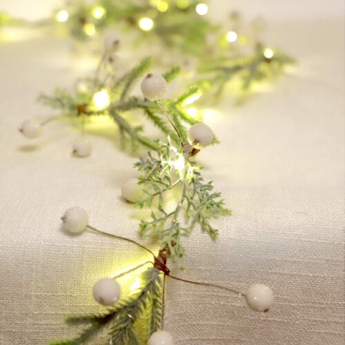 Norfolk Pine String Lights & White Berry 6.5FT & 25LEDs Delicate Christmas Garland with Lights Battery Operated with Remote Ideal for Indoor & Outdoor Decorations Petite Christmas Garland for Mantle