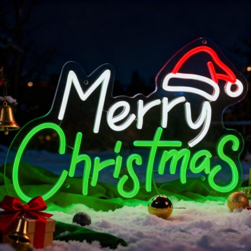 Merry Christmas Neon Sign for Wall Decor-10 Adjustable Brightness Light Up Christmas Decorations with Xmas Hat USB Powered Wall Neon Light for Windows, Living Room, Party, Office, Gifts