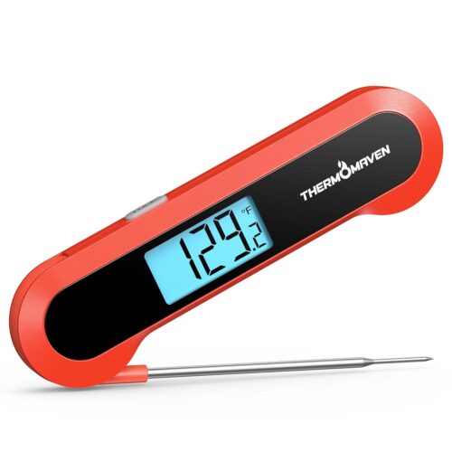 Professional 0.5 Sec Instant Read Meat Thermometer Digital, NIST Certified ±0.5℉ Accuracy, Auto Rotate Large LCD Display, 100% Waterproof Cooking Thermometer for Baking Grill BBQ Smoker Oven, Red