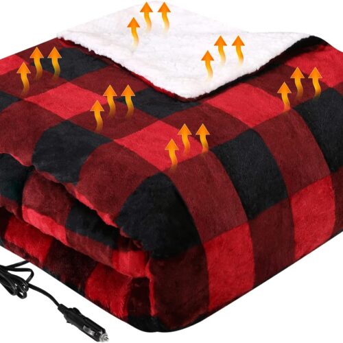 Heated Car Blanket with 3 Heating Levels, 4 Hours Auto Off, 12 Volt Electric Blanket for Car, Truck, SUV, RV, Machine Washable, 59" x 43”, (Red Buffalo Plaid)