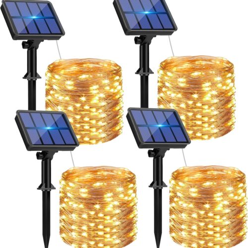 4 Pack Solar String Lights Outdoor - Total 320LED 132FT Solar Fairy Lights Waterproof 8 Modes, Copper Wire Solar Powered Twinkle Light for Outside Tree Garden Christmas Wedding Party,Warm White