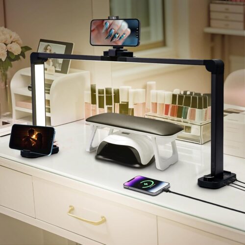 Foldable Nail lamp for Desk: Large Wide Half Moon Light with Phone Holder for Nail Salon Technicians - No Glare Craft Desk Light for Manicure lash Task for Esthetician 33.5'' - Black