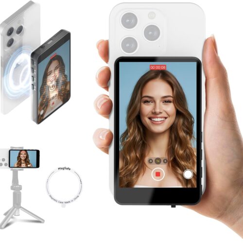 XView Selfie Monitor Screen for iPhone & Android, Wireless 4K/1080p Magnetic Back Camera Vlog Monitor with 164FT Range, Built-in Speaker for YouTube TikTok Live Streaming (Black)