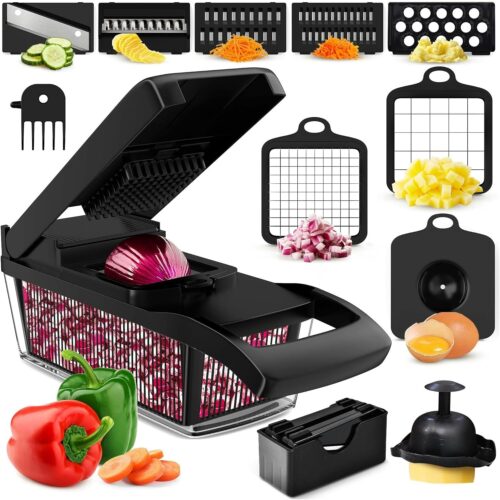 8-in-1 Vegetable Chopper & Mandoline Slicer - No-Mess Prep - Food Chopper With Container - Multi-Blade Veggie Slicer & Vegetable Dicer - Ergonomic Grip & Onion Cutter - 8 in 1, Black