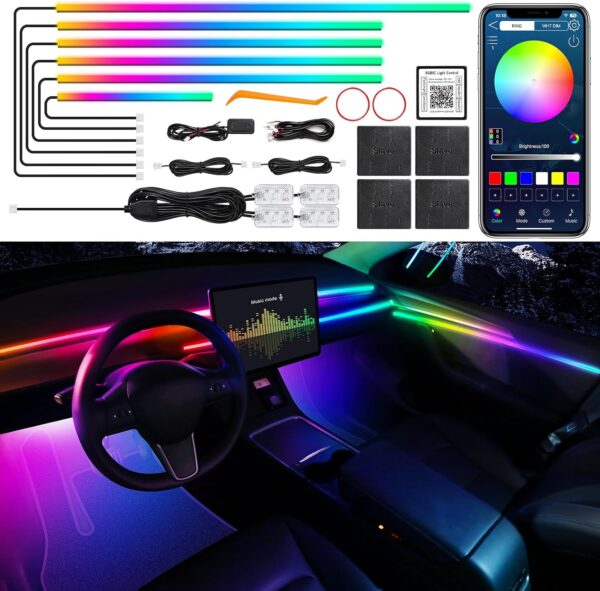 Dreamcolor Acrylic Interior Car LED Strip Light with Wireless APP, RGB 10 in 1 with 175 inches 612 LEDs Fiber Optic Car Ambient Lighting Kits, Dynamic Chasing Music Sync Neon LED Strip Lights for Car 1