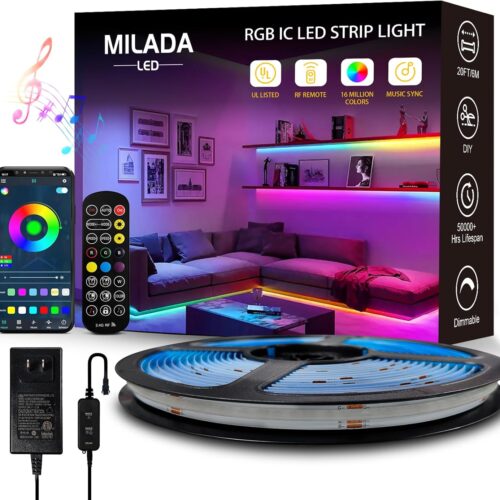 COB RGB Smart IC Strip Lights 20FT/6M UL-Listed 24V Color Flowing Strip Light Multicolor Flexible Tape Lights with APP Control Music Sync for Bedroom Gaming Party Home Decor