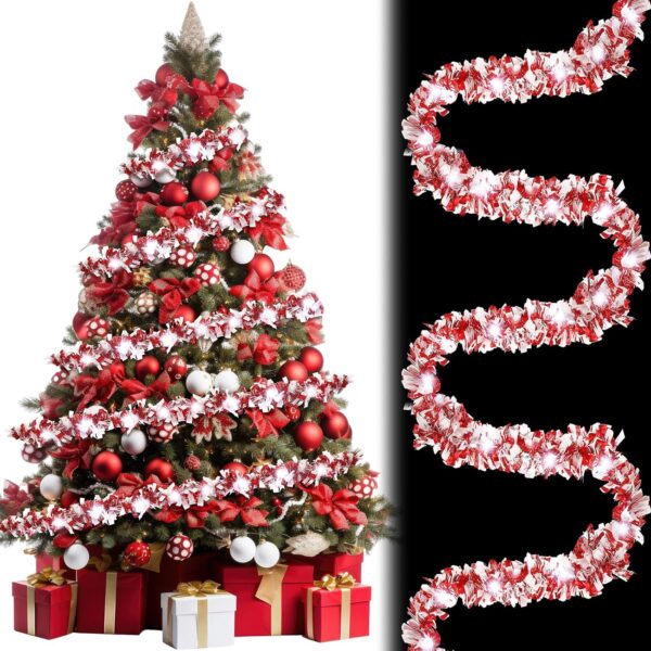 16.4 ft Christmas Tinsel Garland Lighted Metallic Twist Garland with 50 LED Lights Hanging Prelit Xmas Battery Operated Foil Tinsel for Christmas Tree Party Mantel 1