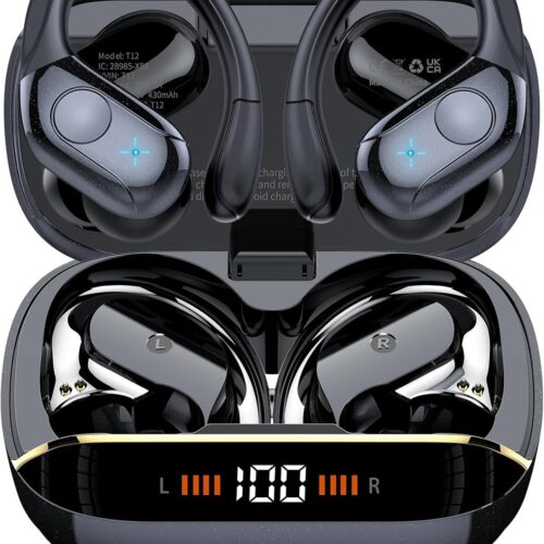 Wireless Earbuds Bluetooth 5.4 Headphones 75H Stereo Deep Bass Sports Over Ear Buds with Earhooks, LED Display Bluetooth Earbuds with 4 ENC Mic, IP7 Waterproof Earphone for Running, Black