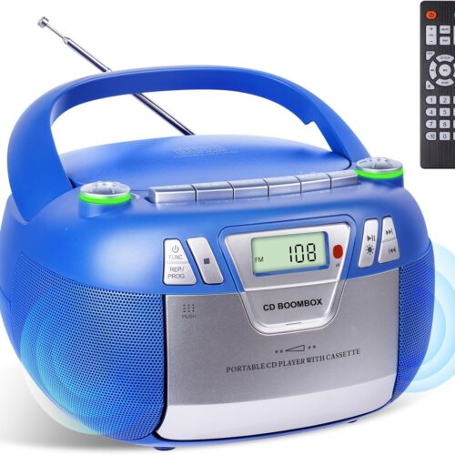 Boombox CD Player with Bluetooth and Cassette Player | Portable AM/FM Radio, MP3/USB/AUX Input, Stereo Sound System with Recorder, AC & Battery Powered for Home & Outdoor