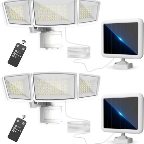 Energetic Solar Outdoor Lights, 1800LM 192 LED Security Motion Sensor Outdoor Lights with Remote Control, IP65 Waterproof Floodlight, 3 Head Motion Detected Spotlight for Garage, Pack of 2 (White)