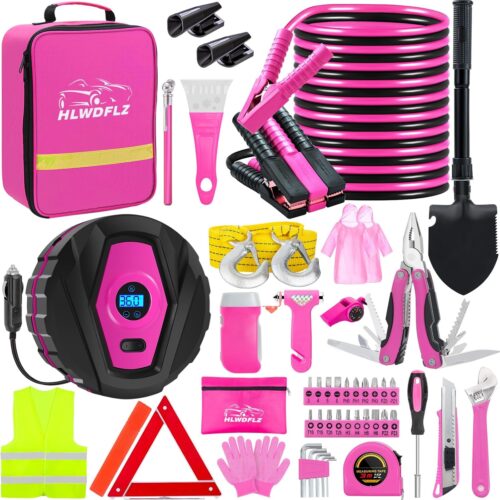 Car Emergency Kit with Portable Air Compressor - Roadside Emergency Kit for Vehicles, Winter Car Safety Roadside Assist Kit, Emergency Car Kit for Teen Girl and Ladies M-75