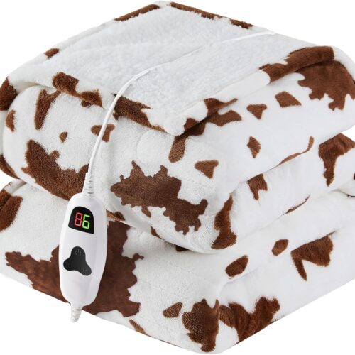 Cow Print Heated Electric Blanket Throw,50X60 Brown Heating Blanket with 10 Heats Levels & 8 Hours Auto Off, Western Highland Cow Decor Stuff Fleece Sherpa Blankets Warmer Gifts for Women Adults