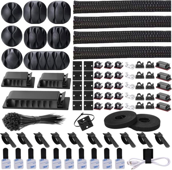 192 PCS Cable Management Kit 4 Wire Organizer Sleeve,11 Cable Holder,35Cord Clips 10+2 Roll Cable Organizer Straps and 100 Fastening Cable Ties for Computer TV Under Desk, black,clear 1