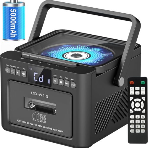 Boombox Cassette CD Player Bluetooth5.1 with 5000mAh Battery,5W Dual Stereo Speakers,Rechargeable CD Player with FM Radio,Remote Control,Tape Recording,3.5mm Earphone Jack,AUX/Micro SD/USB for Home