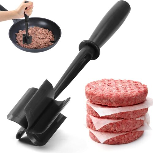 Premium Meat Chopper - 5 Curve Blade Ground Beef Smasher Tool - Heat-Resistant Nylon Meat Masher for Ground Beef, Hamburger, Potatoes - Non-Stick Ground Meat Chopper for Easy Mixing - Black