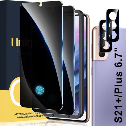 [2+2 Pack Compatible with Samsung Galaxy S21 Plus 6.7 inch Privacy Screen Protector and Camera Lens Protector【Support Fingerprint Unlock】 with Easy Installation Tool【Not Glass】【7H Hardness】