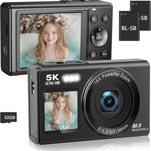 Dual Screen 5K Digital Camera for Vlogging with Fill Light - 80MP, 16X Zoom, WiFi, YouTube/Blogging, Includes 32GB Card & 2 Batteries (X9-Black)