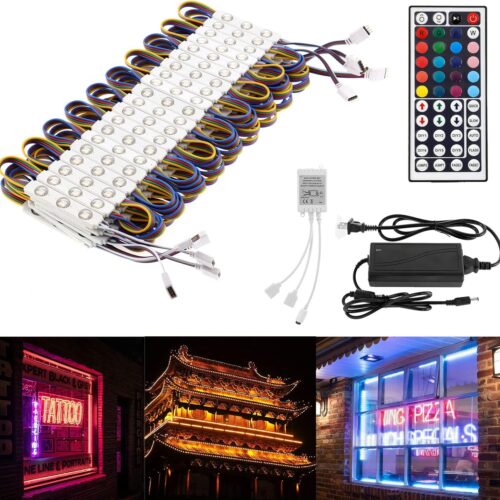 50Ft Commercial RGB Storefront Light Kit for Business with Remote Control, 12v Power Supply Transformer, 100Pcs 3-LED Outdoor Adhesive Waterproof Strip Lights