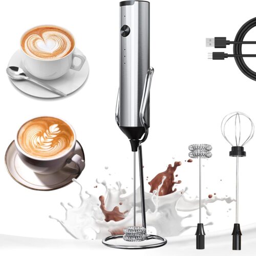 Rechargeable Milk Frother Wand Handheld With Stand, 3 Speed Adjustable Drink Mixer with 2 Whisks, Stainless Steel Electric Stirrer for Coffee, Lattes, Protein Shakes, Matcha, Egg