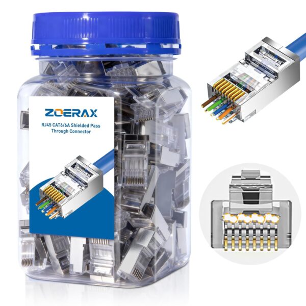 100-Pack Cat 6A RJ45 Pass Through Connector, Cat 6 RJ45 Connector Wire OD 1.20mm Ethernet Ends/Shielded RJ45 Connector for Solid or Stranded FTP/STP Cable 1