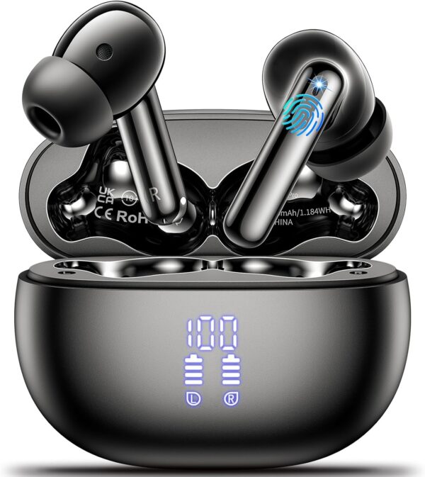 Wireless Earbuds,2025 Bluetooth 5.3 Bass Stereo Headphones with 4 ENC Mic,42H Playtime Ear Buds with Charging Case LED Display,Sport Earphones IPX7 Waterproof for iPhone, Android, Pad, Sports and Work 1