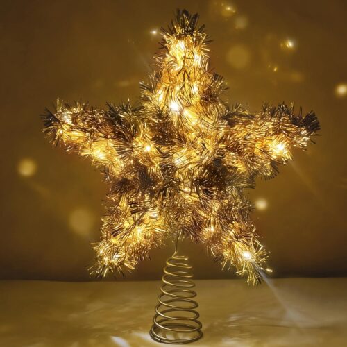 Christmas Tree Topper Star, Vintage Christmas Decor, 10 Inch Shiny Golden Christmas Tree Decoration with 6H Timer, 50 Warm LED Lights for Xmas Tree, Holiday & Party, Indoor Decor
