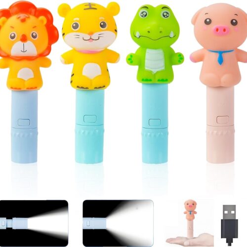 4 Pack Small Mini Cute Kids Flashlight, Rechargeable Animal Flashlights for Boys Girls,Christmas Gifts Stocking Stuffers