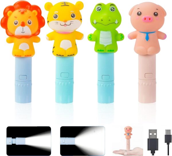 1 4 Pack Small Mini Cute Kids Flashlight, Rechargeable Animal Flashlights for Boys Girls,Christmas Gifts Stocking Stuffers